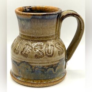 Studio Art Pottery Handmade Coffee Ceramic Mug Drip Glaze Jesus Footprints 4.5"